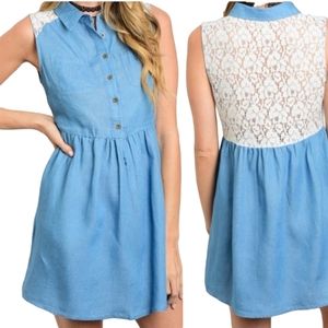 Chambray Lace Back Button Down Dress Sleeveless Mini Country Chic Shabby Boho